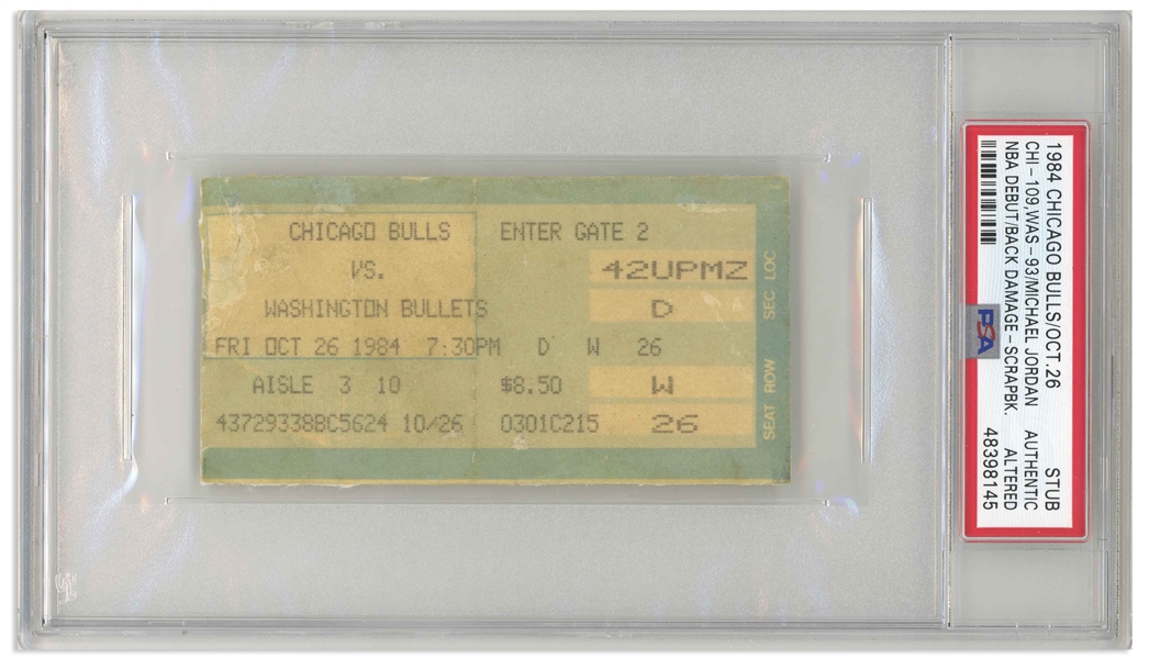 Michael Jordan First Game Ticket From 26 October 1984 -- Scarce Chicago Stadium Issued Ticket to the Bulls Game That Launched Jordan's NBA Career, Slabbed by PSA